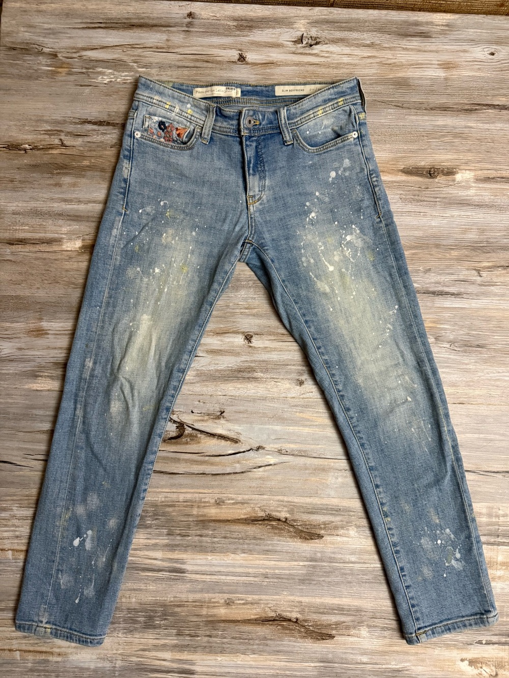 Pilcro Letterpress Jeans 25P Petite Slim Boyfriend Embroidered Paint Splatter